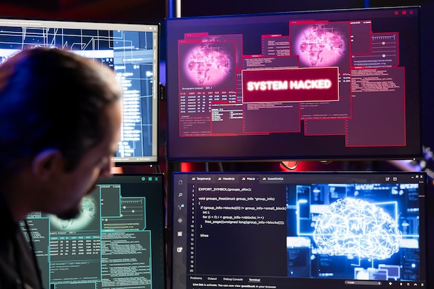 Hacker installing spyware using neural networks tech to secretly gather data about user activity