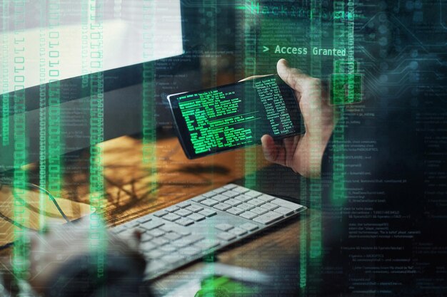 Hacker man hands and phone screen for software malware code access and password success in dark room with digital overlay Online crime cyber thief and coding person hacking mobile app on computer