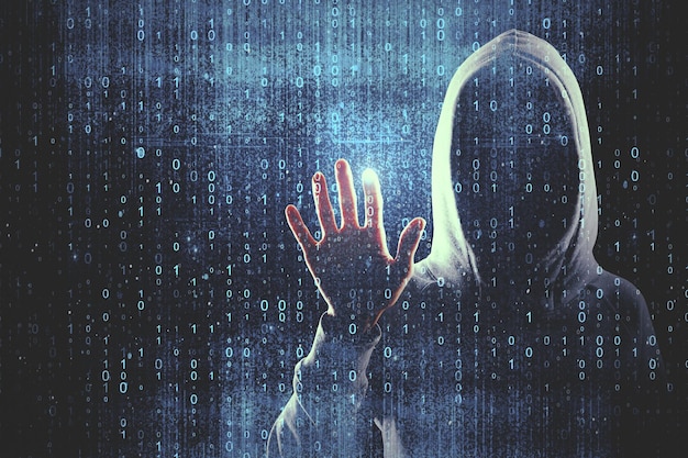 Hacker on abstract concrete blue interface with binary code Hacking and futuristic concept Double exposure