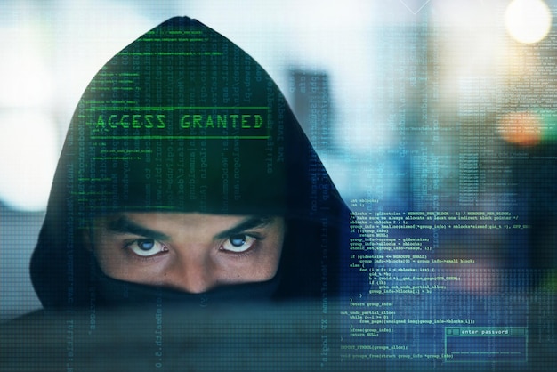 Hacker online system and man with code for programming malware and information technology in dark Cybersecurity computer interface and portrait of person for online crime fraud and install virus