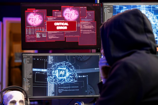 Hacker seeing critical error warning on computer when hacking firewalls using machine learning evil