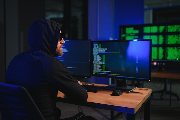 hacker sitting at desk in dark atmosphere A computer programmer or hacker Anonymous computer hacker