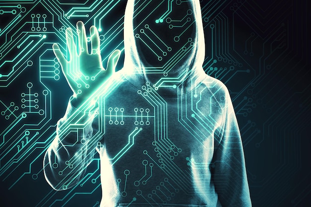 Hacker using abstract circuit interface Hacking and hardware concept Double exposure