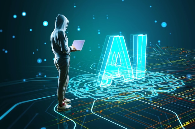 hacker using laptop computer with glowing circuit brain ai hologram on dark background artificial intelligence machine learning and futuristic technology concept
