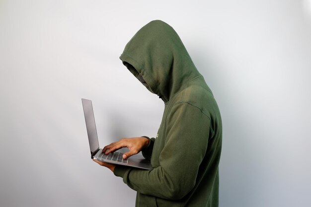 Hacker using laptop to steal personal data from people isolated on white background