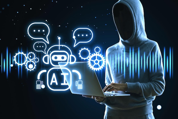 Hacker using laptop with creative glowing robot ai hologram on dark background Automated machine learning hacking and artificial intelligence and conversation assistant concept