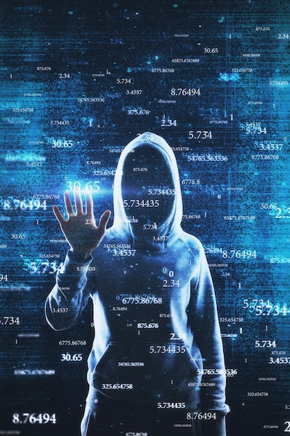 Hacker with abstract big data interface on blurry background Software and hacking concept Multiexposure