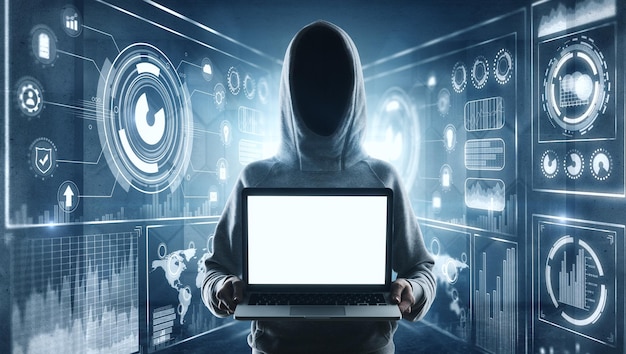 hacker with mockup laptop at digital background