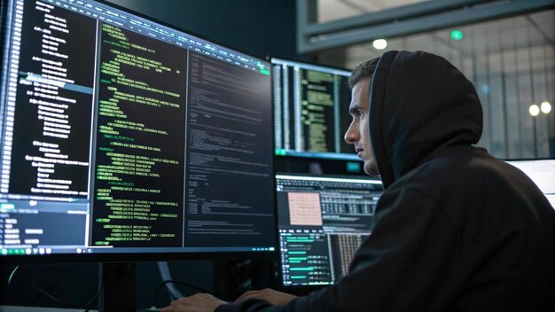 Hacker Working on a Computer with Code on the Screen