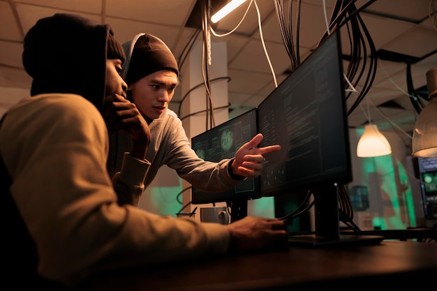 Hackers discussing computer system hacking coding malicious software