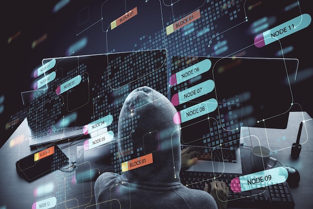 hacking concept with hacker using laptop and digital screen with node tree