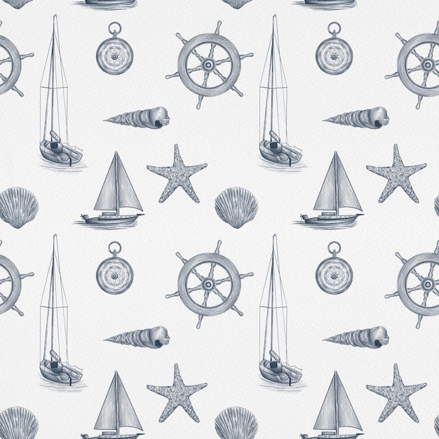Hand Drawn Ocean Sailboat Seashell Illustration Pattern Design