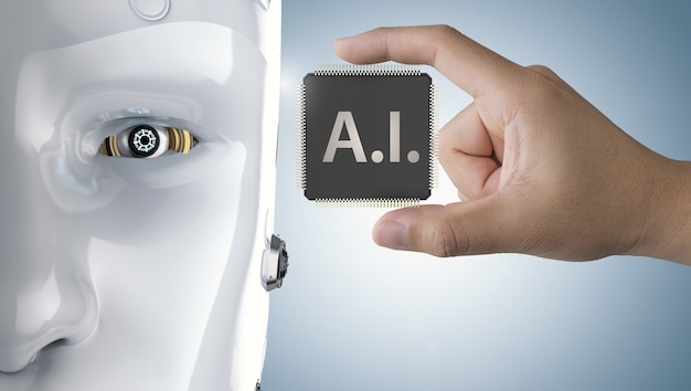Hand holding 3d rendering ai cpu chip with robot