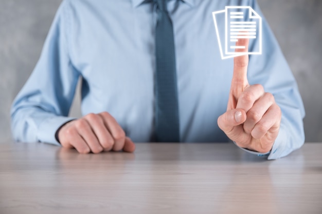 Hand holding a document icon in his hand Document Management Data System Business Internet Technology Concept. Corporate data management system DMS