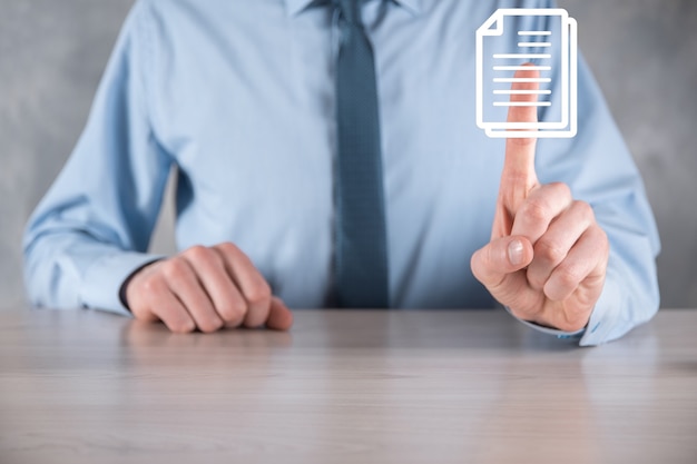 Hand holding a document icon in his hand Document Management Data System Business Internet Technology Concept. Corporate data management system DMS.