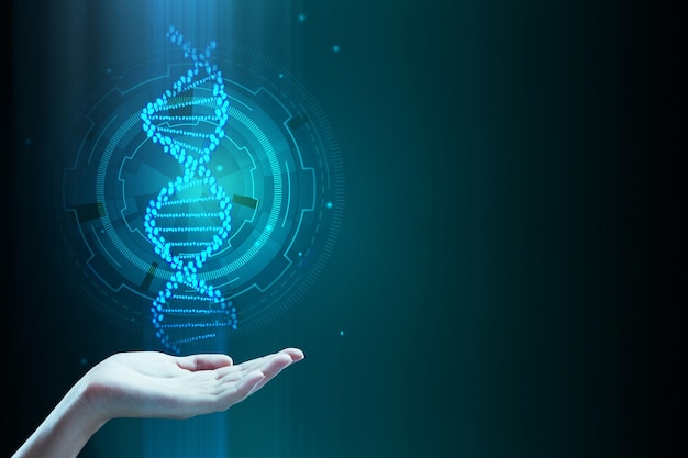 Hand holding blue DNA