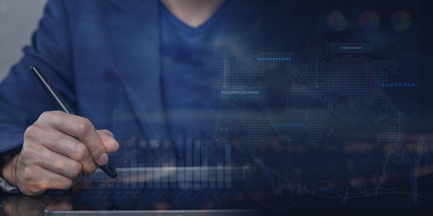 Hand Holding Stylus on Digital Tablet with IoT Conceptual Background