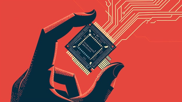 Hand holds microchip processor in hand on bright red background new technologies concept