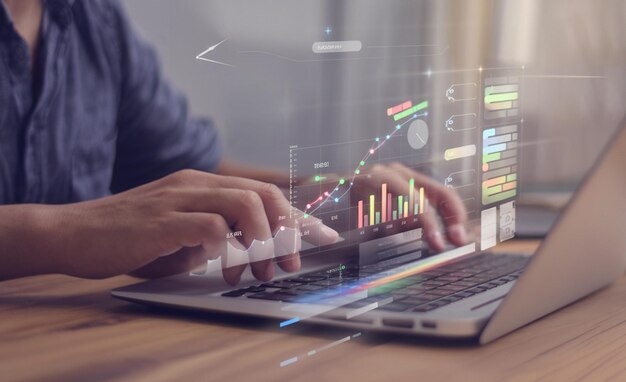 hand of businessman or trader is showing a growing virtual hologram stock on smartphone planning