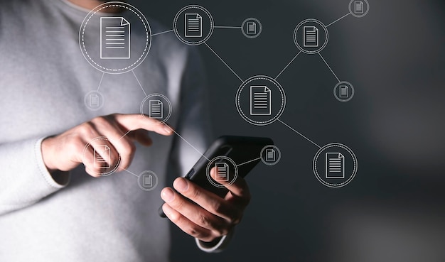 Hand phone with file in screen