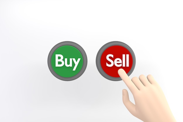 hand pressing the red sell button on white background.3d rendering