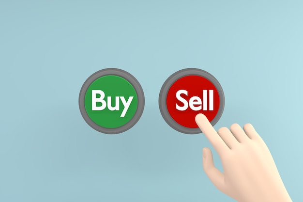 hand pressing the red sell button on white background.3d rendering