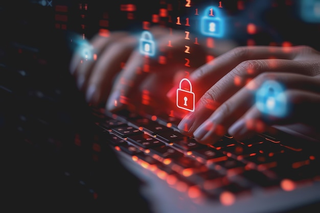 Hand resting on laptop with digital padlock icon above keyboard which is a symbol of online safety