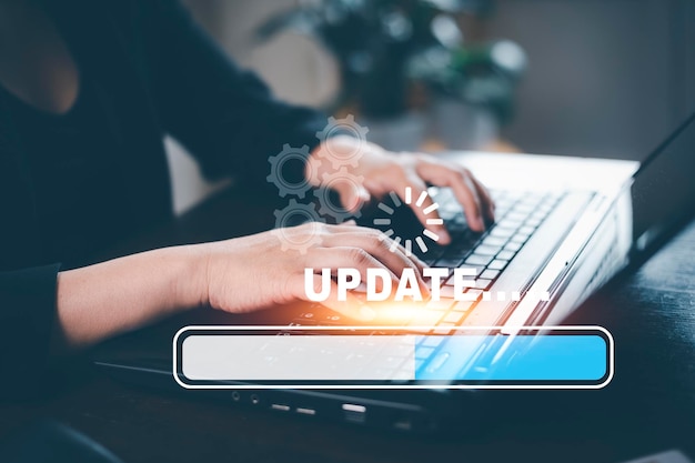 Hand touch bar of Update Software Computer Program Upgrade Business Technology Internet Update on virtual screen Internet and technology concept loading bar with installing the update