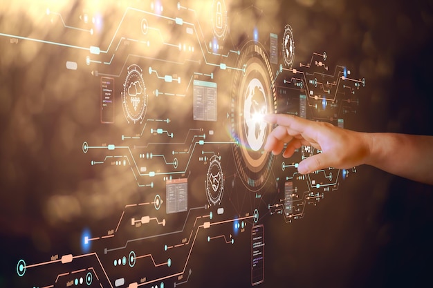 Hand touching complex circular diagram with global internet connection application technology and digital marketing on virtual screen Business Financial and banking Digital link tech big data