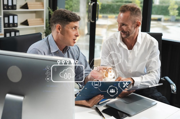 Hand touching Secure Access Service Edge icon on smartphone virtual screen background password network framework and support technology in office SASE secure access service edge concept