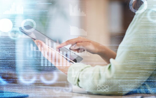 Hands of woman dashboard and overlay of data analytics tablet and research in stock market business management Future technology hologram with graphs and charts trader with digital information