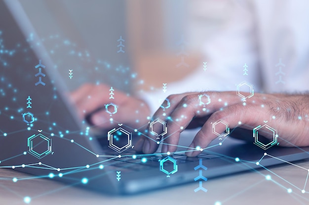 Hands typing the keyboard to create innovative software to change the world and provide a completely new service Close up shot Hologram tech graphs Concept of Dev team Formal wear