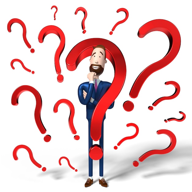 Handsome cartoon businessman and question mark signs 3D illustration