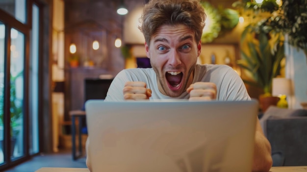 happy excited man looking at laptop monitor screen background concept