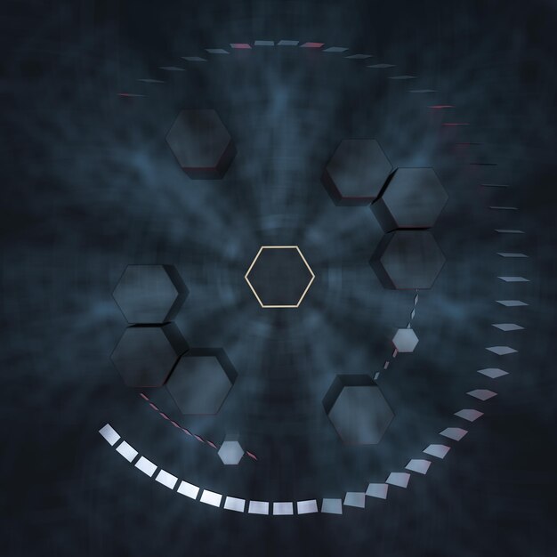 Hexagon cube with dark background surrounded by glowing lines 3d rendering