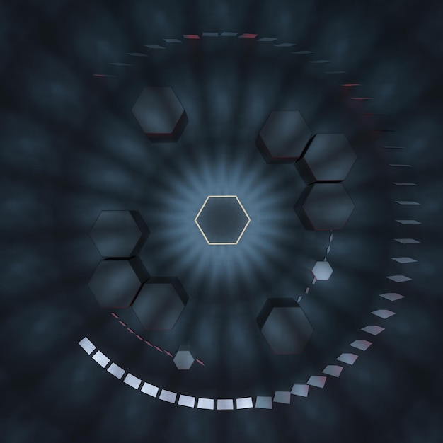 Hexagon cube with dark background surrounded by glowing lines 3d rendering