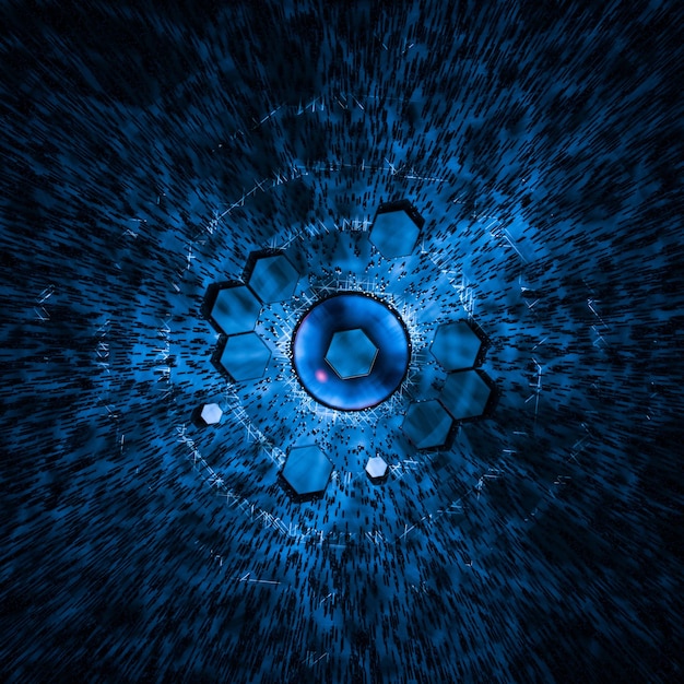 Hexagon cube with dark background surrounded by glowing lines 3d rendering