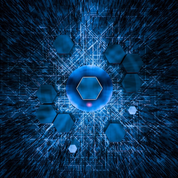 Hexagon cube with dark background surrounded by glowing lines 3d rendering