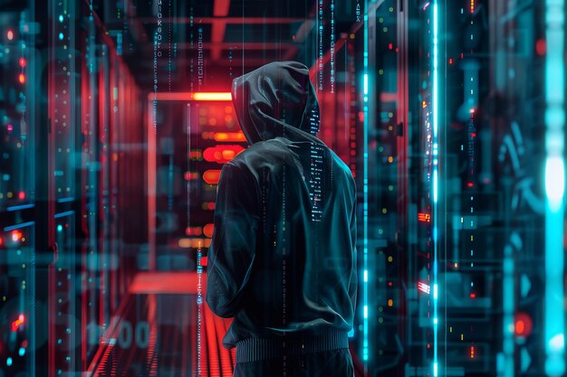 hooded hacker addressing log4j cybersecurity vulnerability with coding and malware concepts set