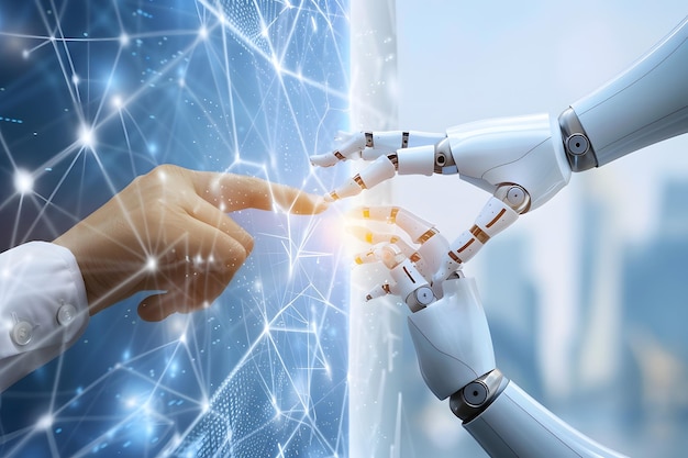 Human and robot hand touching with digital network connection