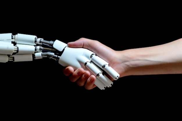 Human and robot handshake a futuristic alliance symbolizing the harmony between technology and humanity in the realm of artificial intelligence
