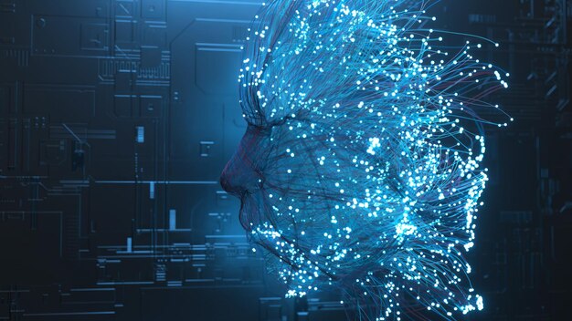 Human face emerges from neon particles and neurons the creation of man artificial intelligence blue