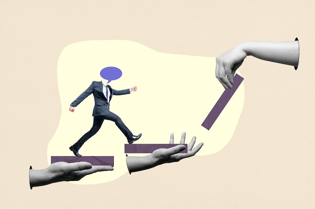 Human hand holding a step for a businessman with a speech bubble walking on it with a colored background Concept of business strategy Collage art