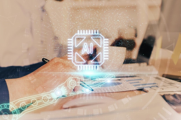 Human hands with tech theme multi exposure drawings