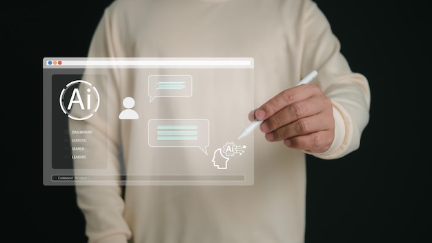 Human holding a stylus pen touching a virtual screen displaying questions and answers with ai