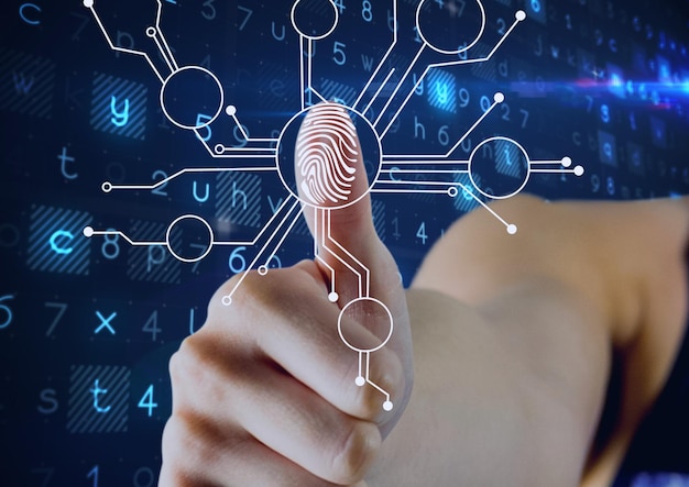 Human thumb over biometric scanner against cyber security data processing on blue background