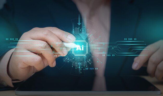 Human using technology smart robot AI artificial intelligence by enter command prompt