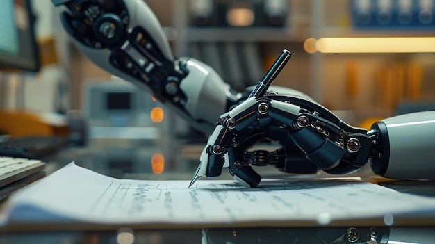 Humanoid robot arm is writing with a pen