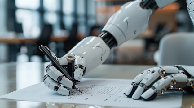 Humanoid robot arm is writing with a pen