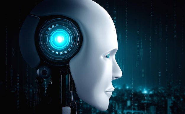 Humanoidirobotin kasvot lähellä graafista konseptia tekoälyn ajatteluaivoista